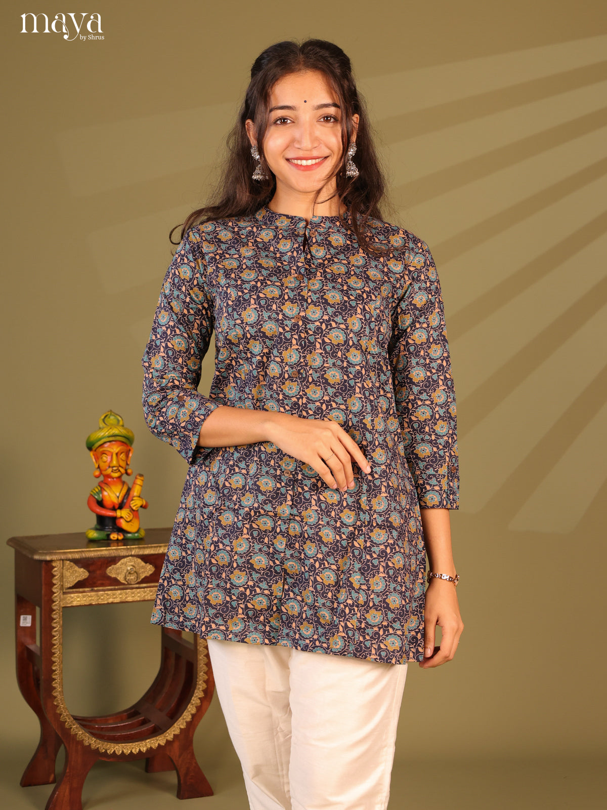 Floral Printed Blue Cotton Short Kurti - Shop on Shrus.com