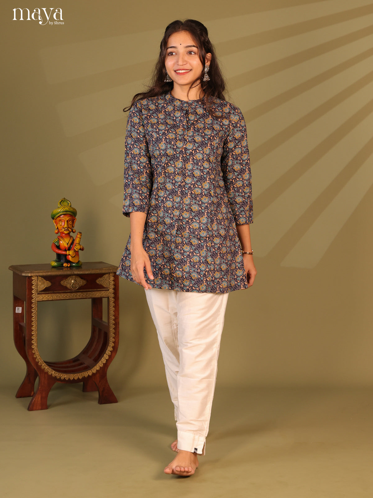 Floral Printed Blue Cotton Short Kurti - Shop on Shrus.com