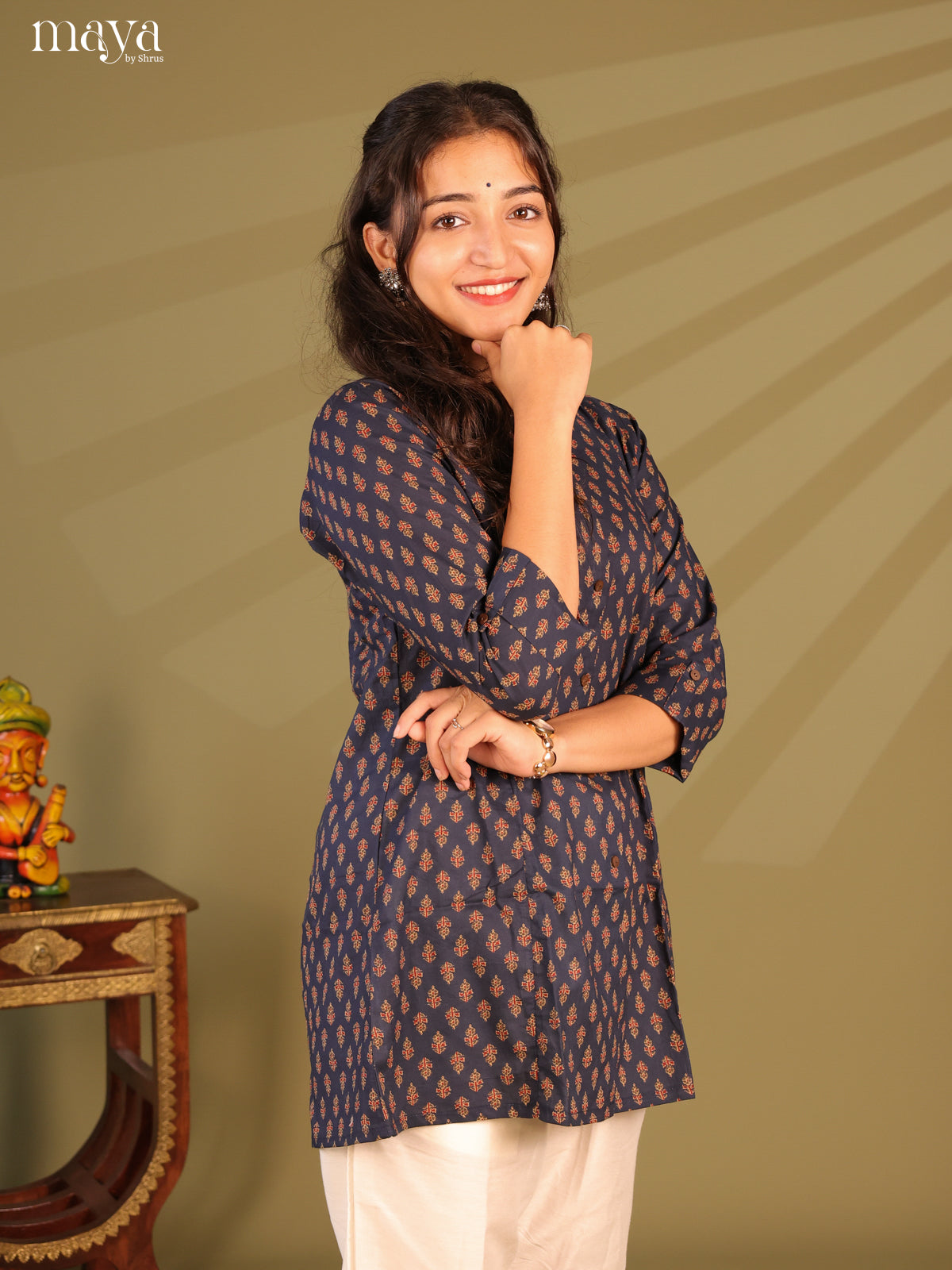 Floral Printed Blue Cotton Short Kurti - Shop on Shrus.com