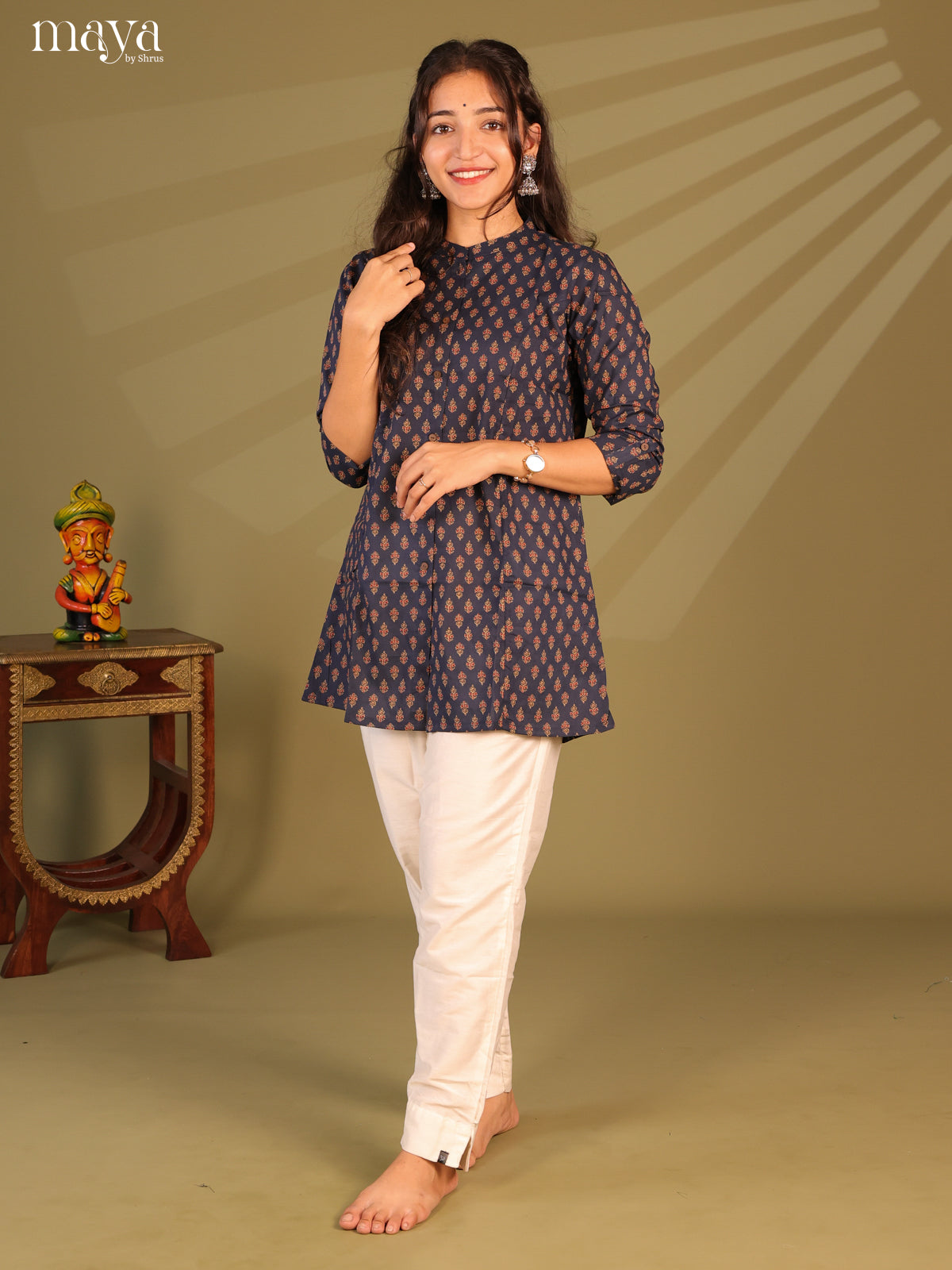 Floral Printed Blue Cotton Short Kurti - Shop on Shrus.com