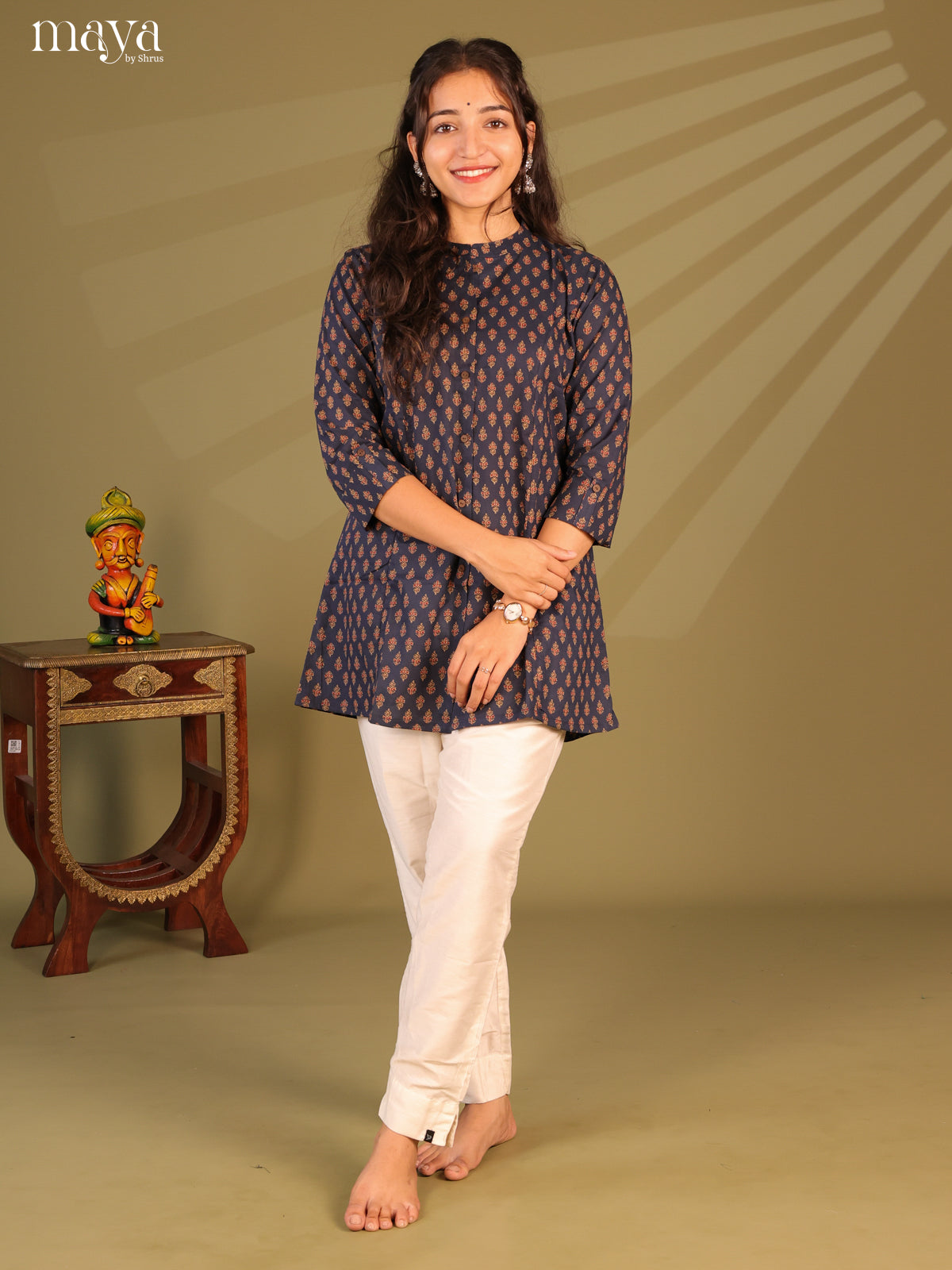 Floral Printed Blue Cotton Short Kurti - Shop on Shrus.com