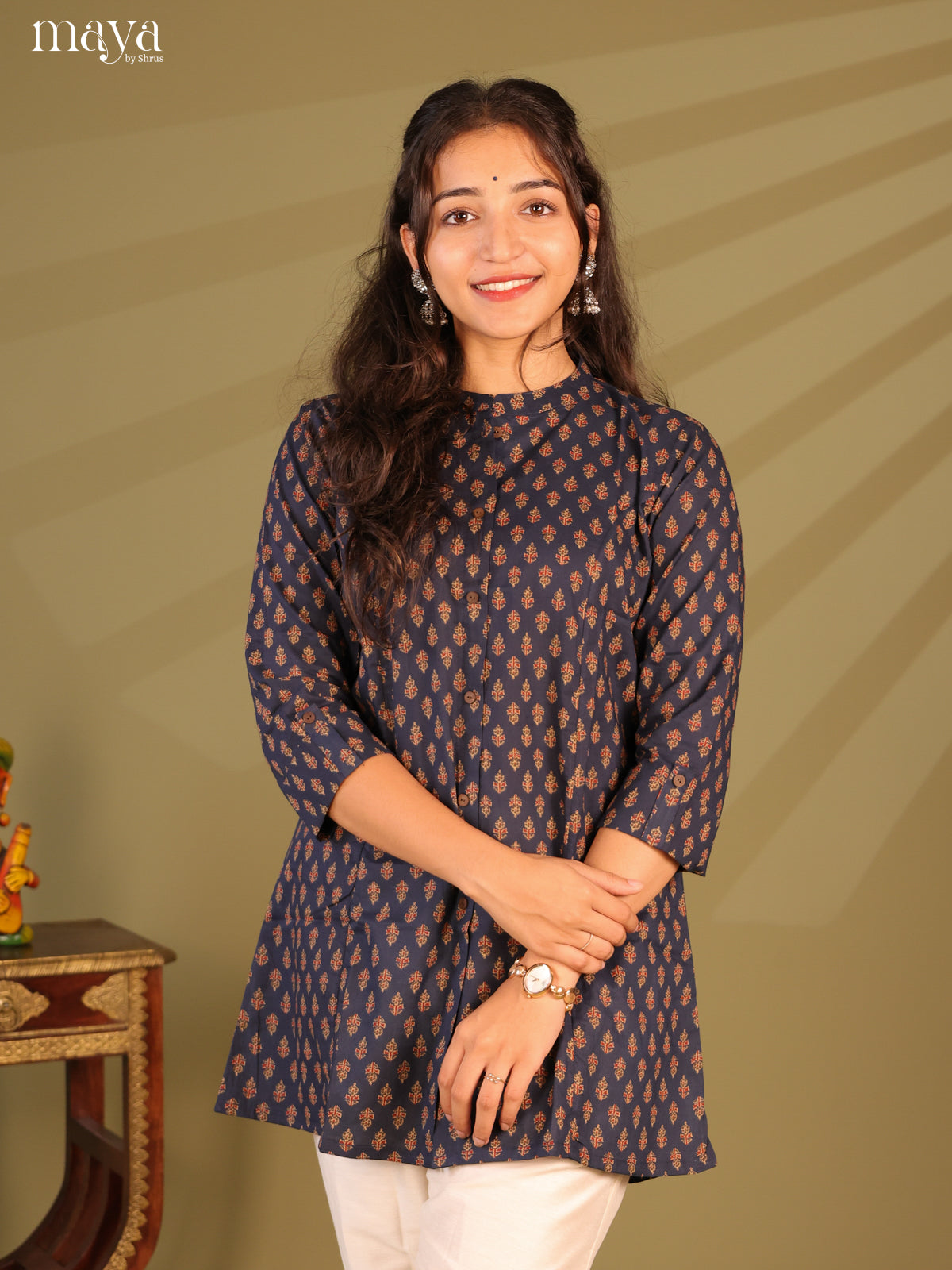 Floral Printed Blue Cotton Short Kurti - Shop on Shrus.com