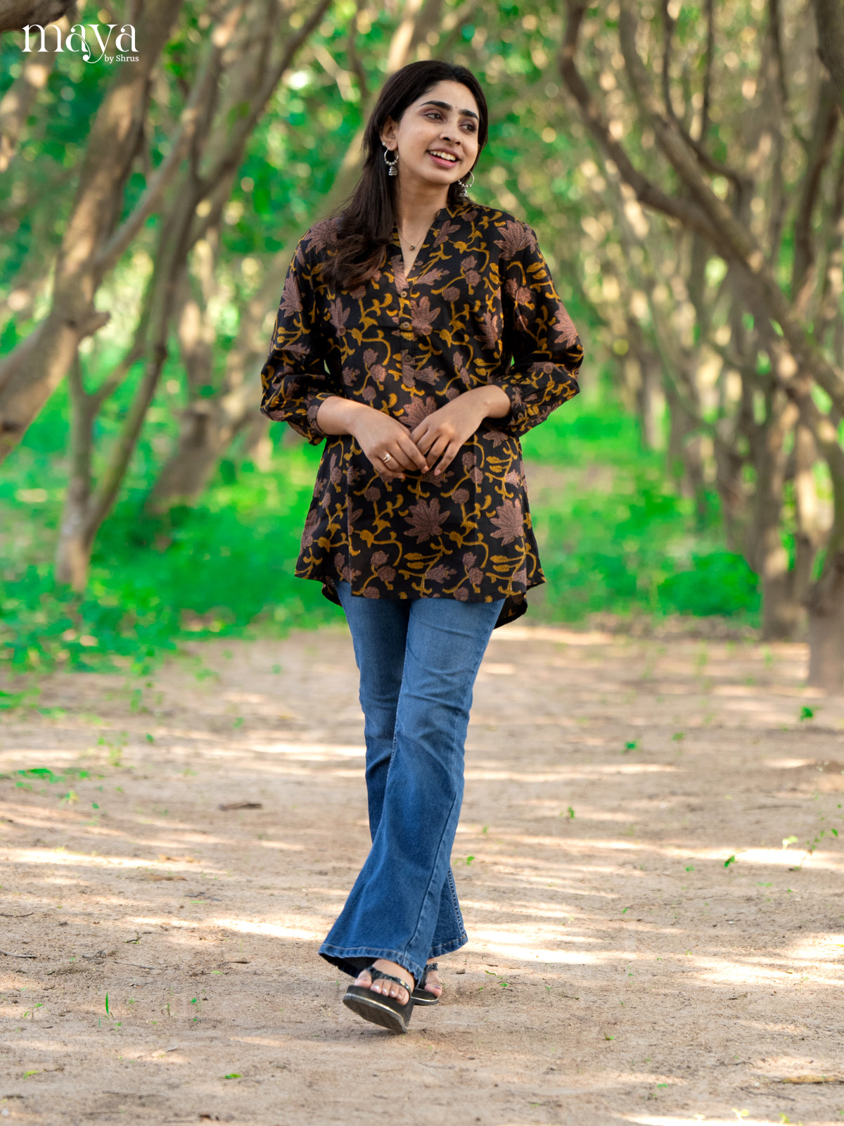 Floral Printed Brown Rayon Short Kurti - Shop on Shrus.com