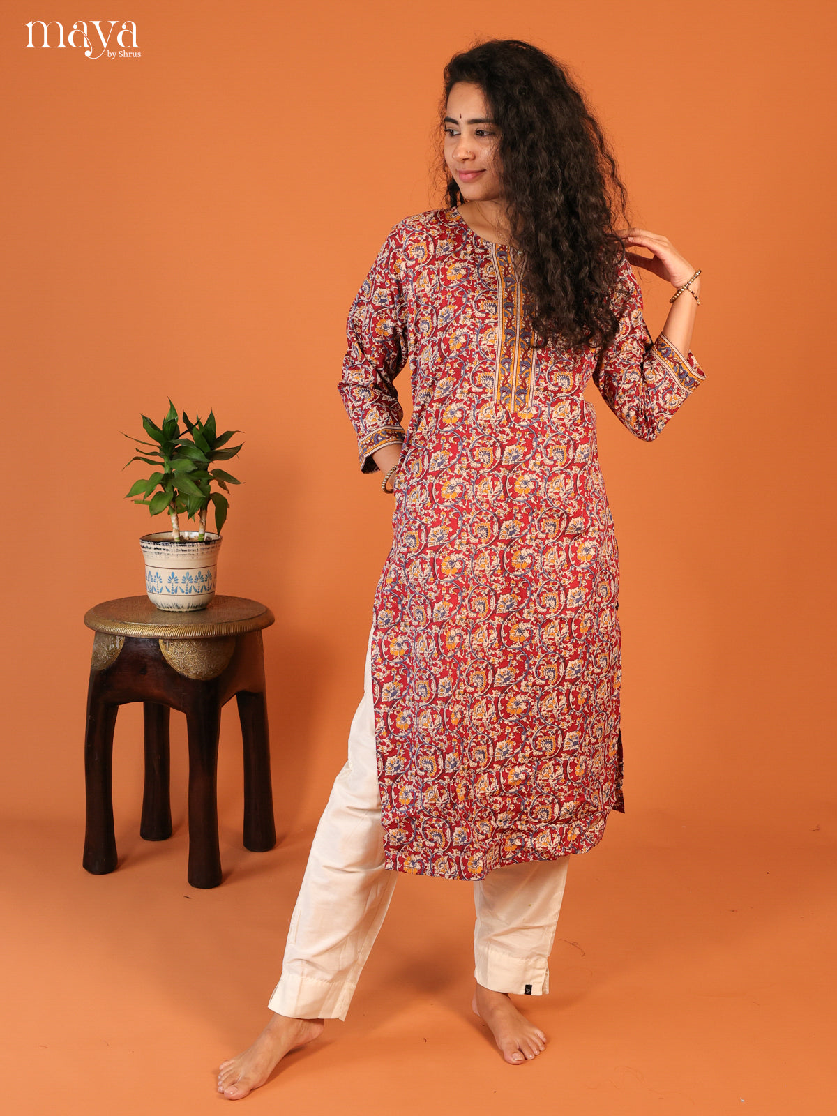 Maroon Floral Printed Cotton Kurti - Shop on Shrus.com