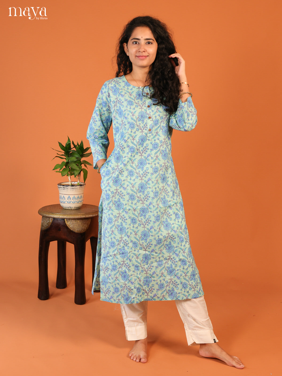 Blue Floral Printed Cotton Kurti - Shop on Shrus.com