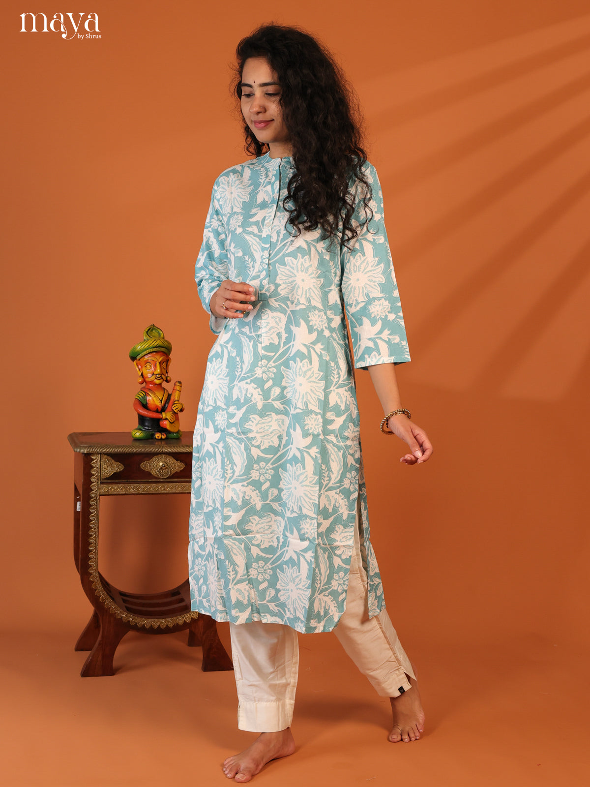 Blue Floral Printed Rayon Kurti - Shop on Shrus.com