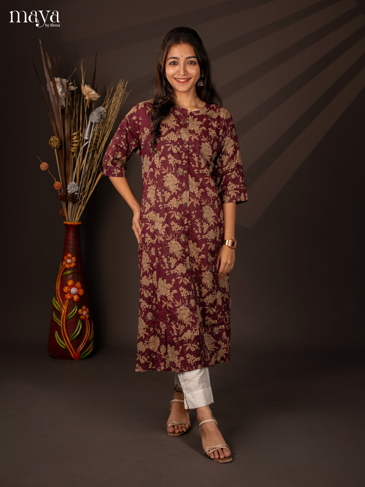 Wine Floral Printed Cotton Kurti - Shop on Shrus.com