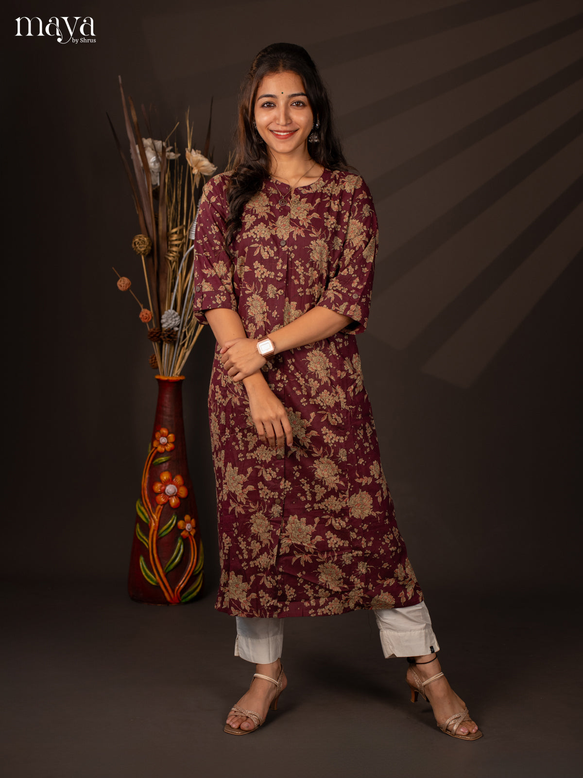Wine Floral Printed Cotton Kurti - Shop on Shrus.com