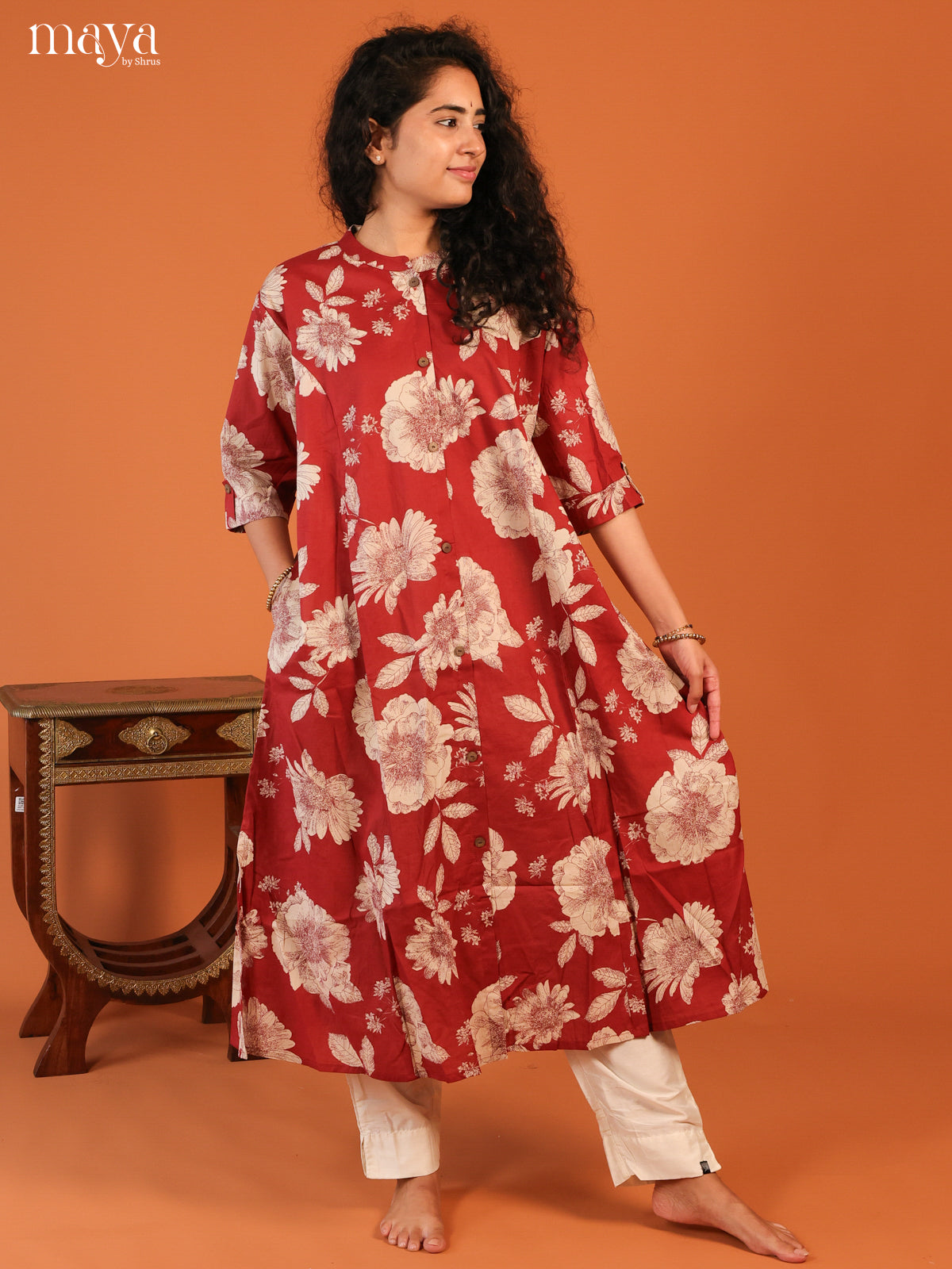 Floral Printed Maroon Cotton Kurti - Shop on Shrus.com
