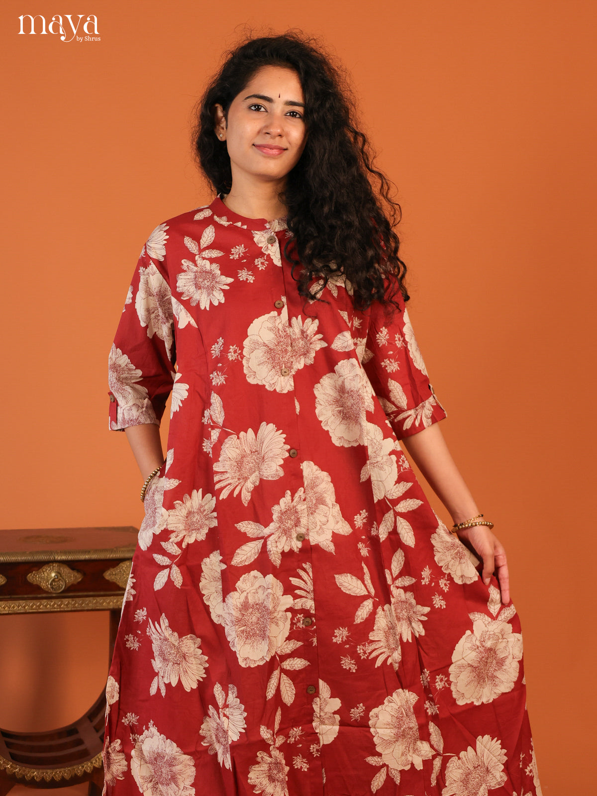 Floral Printed Maroon Cotton Kurti - Shop on Shrus.com
