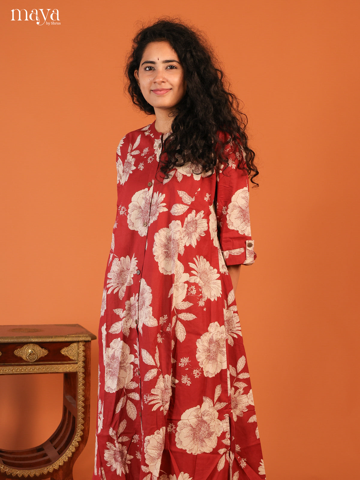 Floral Printed Maroon Cotton Kurti - Shop on Shrus.com