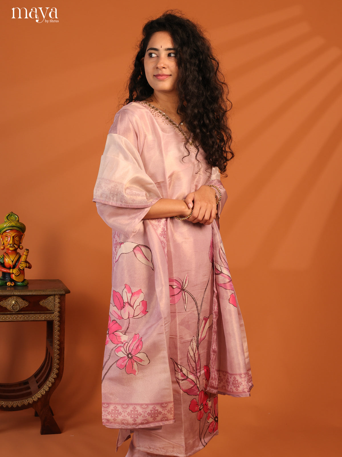 Pink Chanderi 3Pc Salwar Suit with Floral Print - Top, Bottom & Dupatta - Shop on Shrus.com