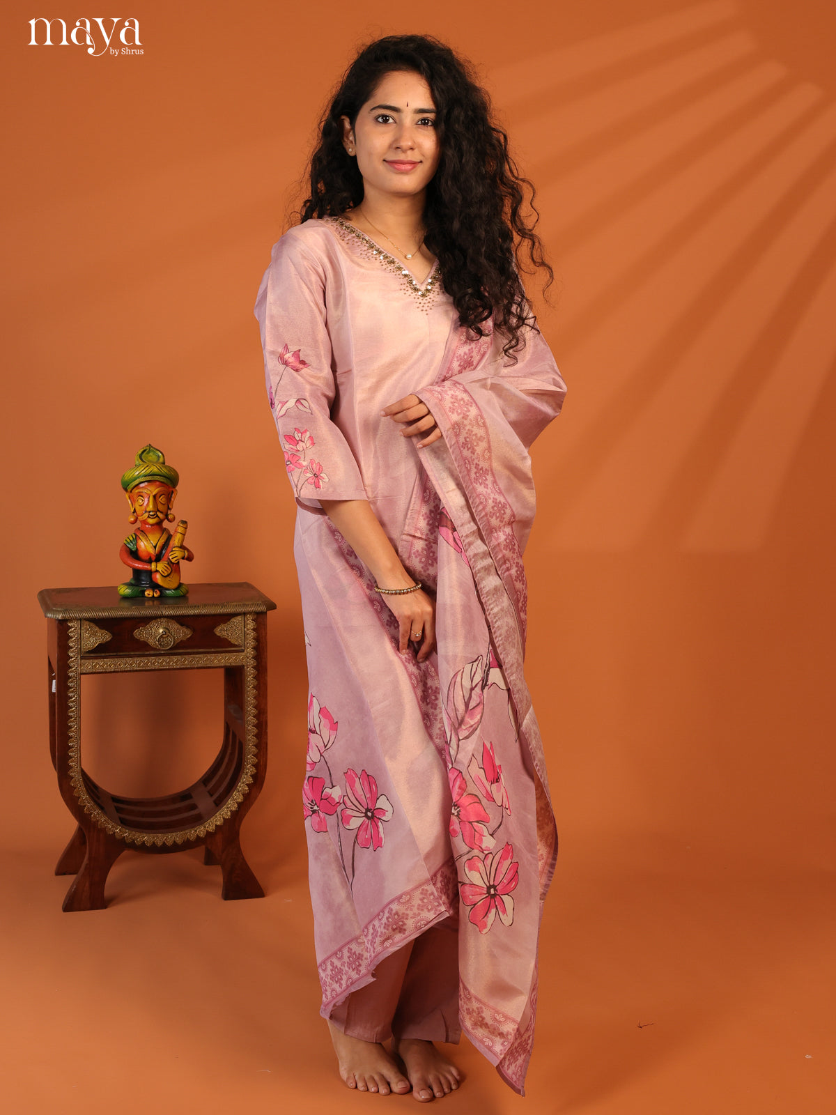 Pink Chanderi 3Pc Salwar Suit with Floral Print - Top, Bottom & Dupatta - Shop on Shrus.com