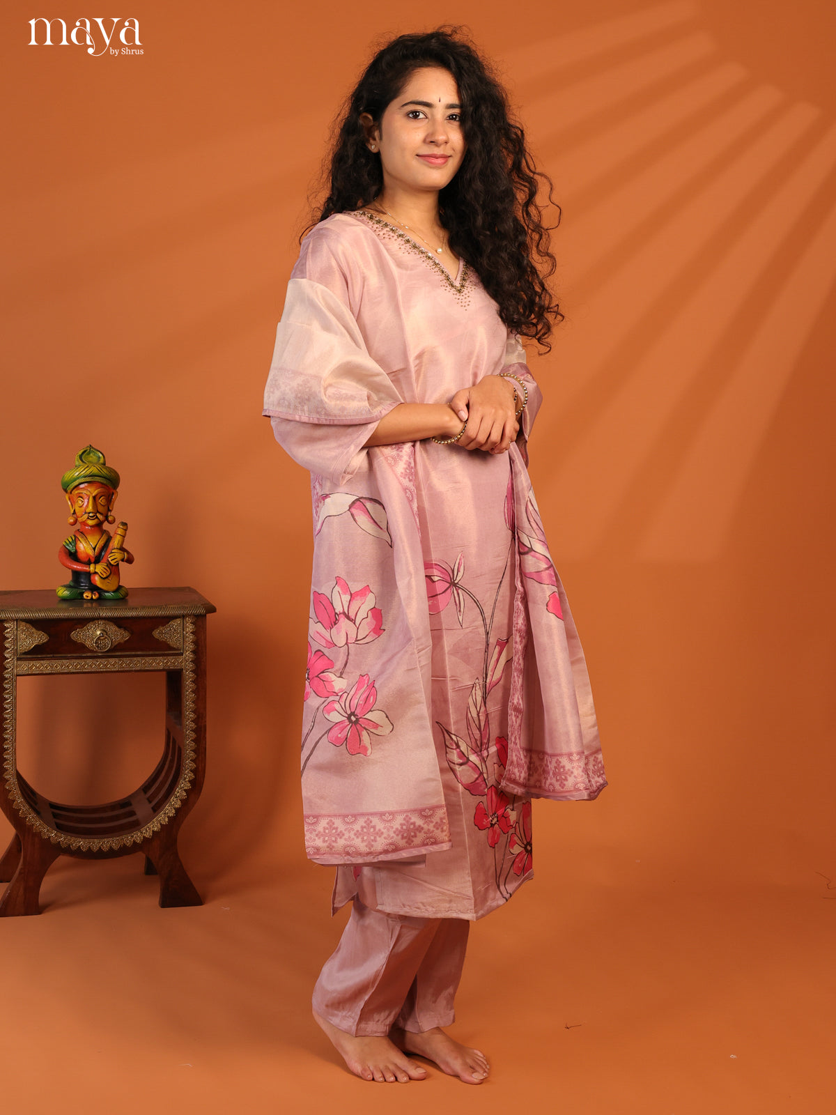 Pink Chanderi 3Pc Salwar Suit with Floral Print - Top, Bottom & Dupatta - Shop on Shrus.com
