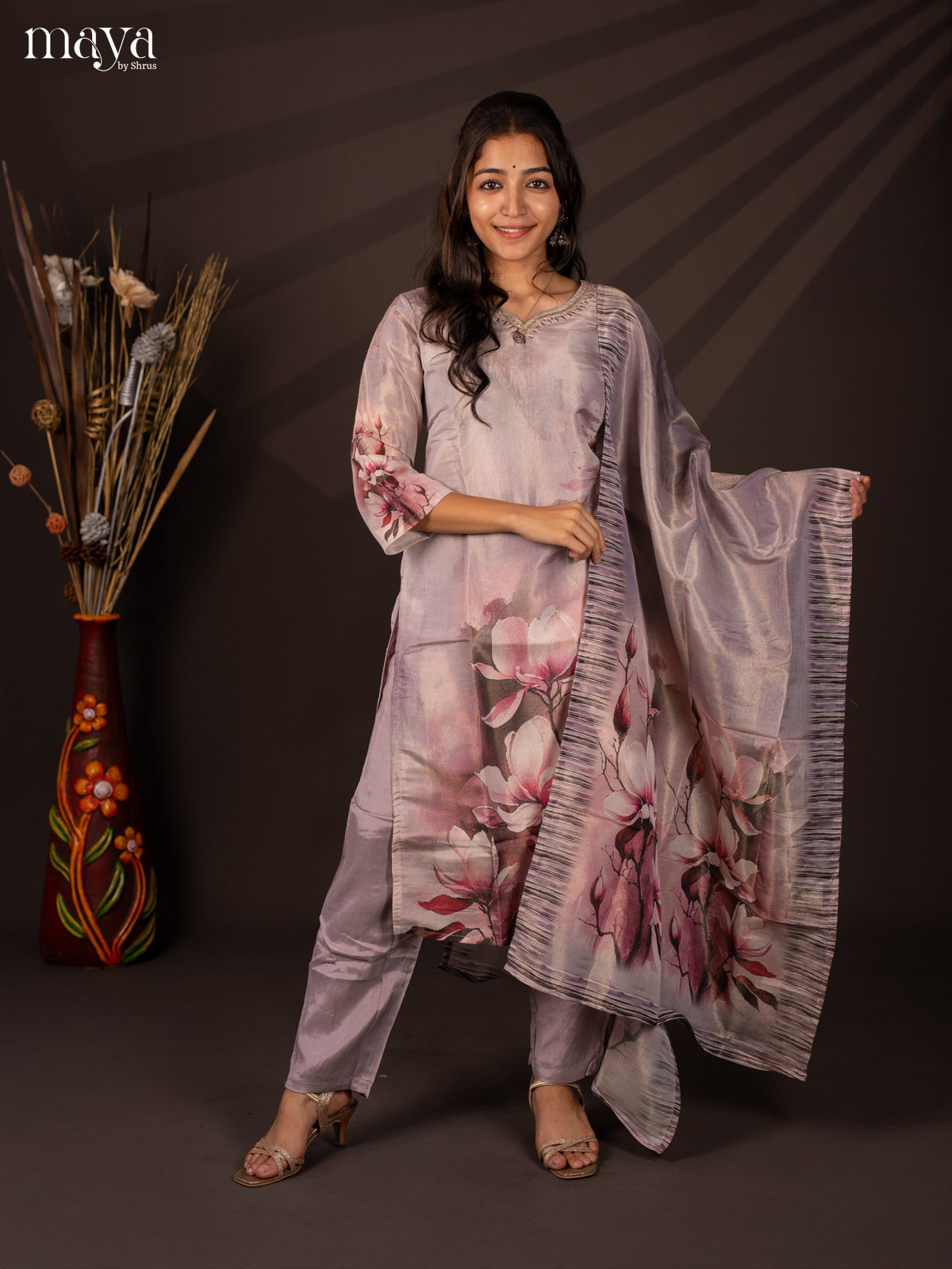 Lavender Chanderi 3Pc Salwar Suit with Floral Print - Top, Bottom & Dupatta - Shop on Shrus.com