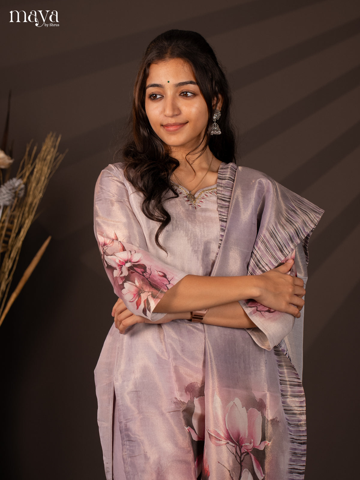 Lavender Chanderi 3Pc Salwar Suit with Floral Print - Top, Bottom & Dupatta - Shop on Shrus.com