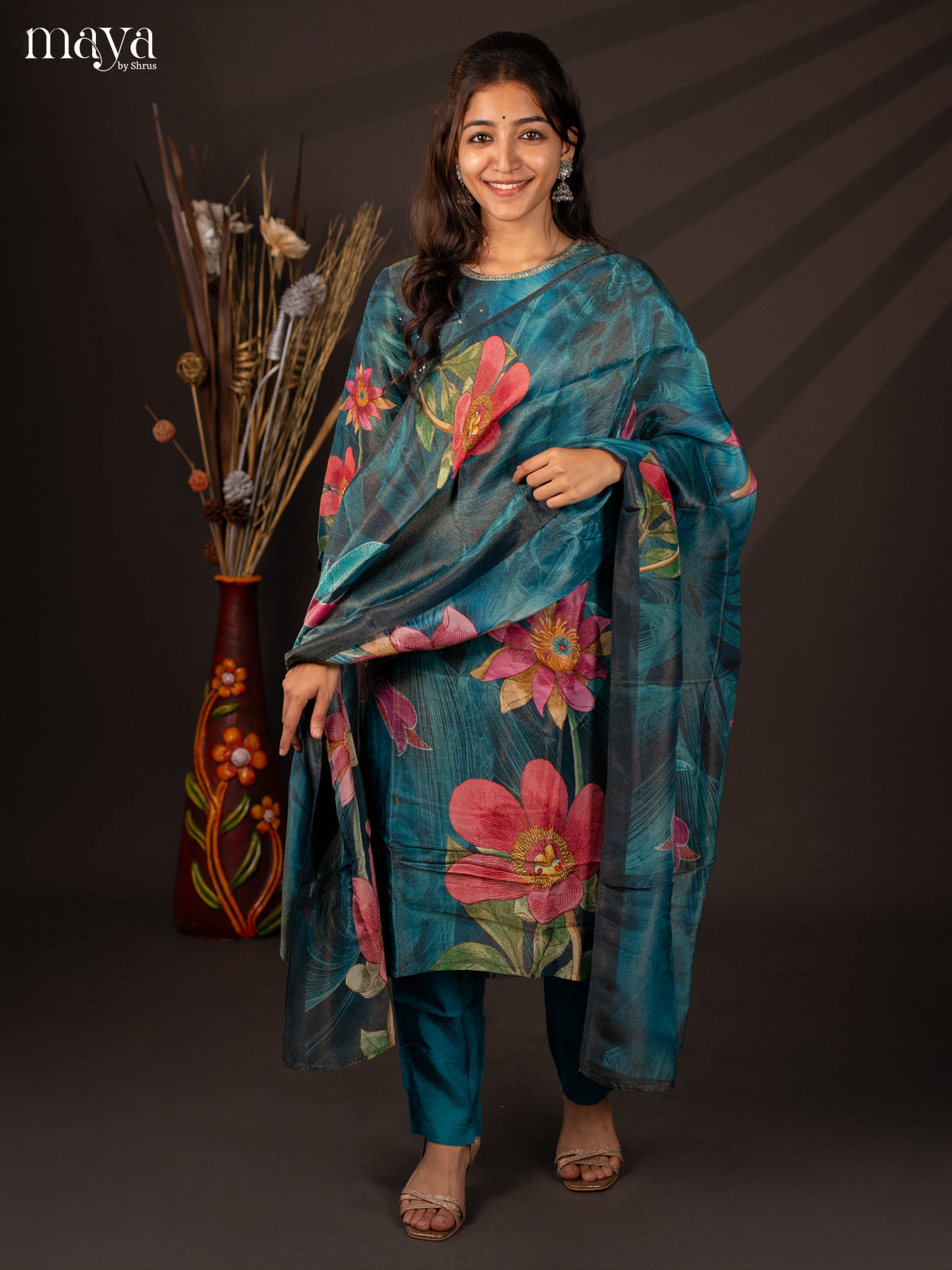 Blue Semi organza 3Pc Salwar Suit with Floral Print - Top, Bottom & Dupatta - Shop on Shrus.com