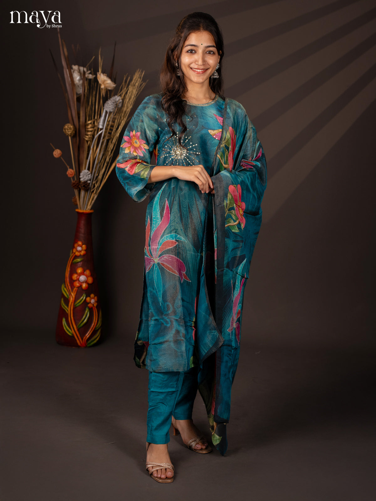 Blue Semi organza 3Pc Salwar Suit with Floral Print - Top, Bottom & Dupatta - Shop on Shrus.com