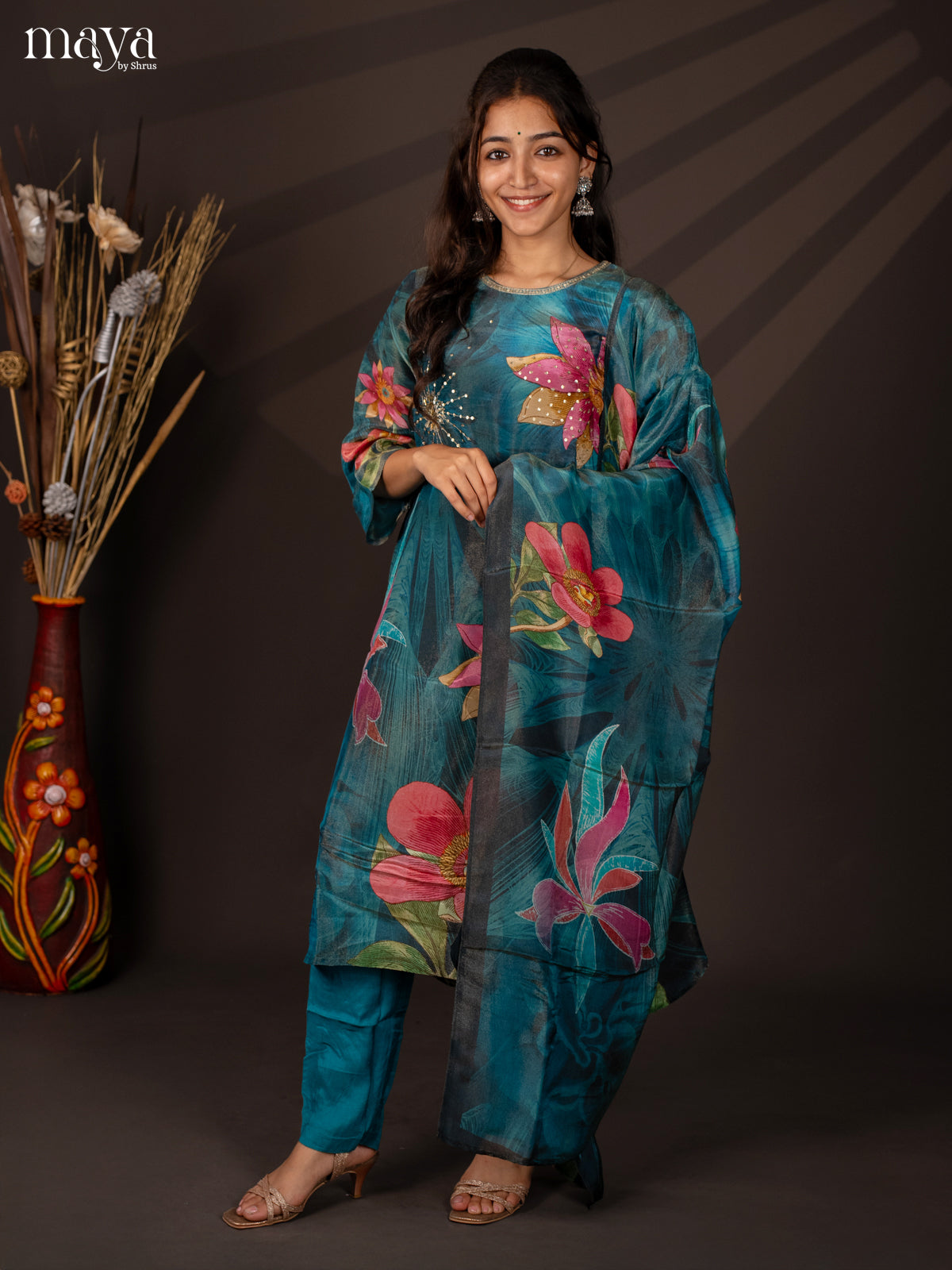 Blue Semi organza 3Pc Salwar Suit with Floral Print - Top, Bottom & Dupatta - Shop on Shrus.com
