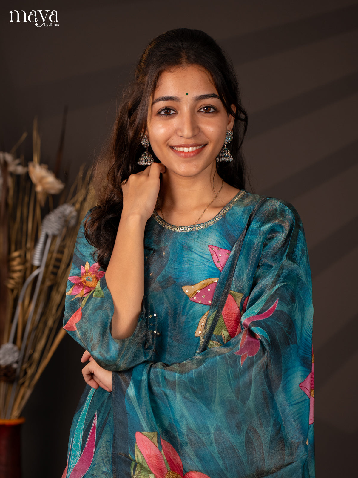 Blue Semi organza 3Pc Salwar Suit with Floral Print - Top, Bottom & Dupatta - Shop on Shrus.com