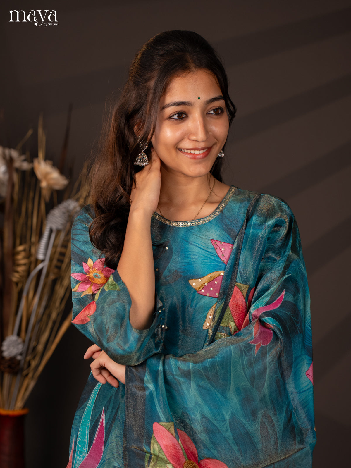 Blue Semi organza 3Pc Salwar Suit with Floral Print - Top, Bottom & Dupatta - Shop on Shrus.com