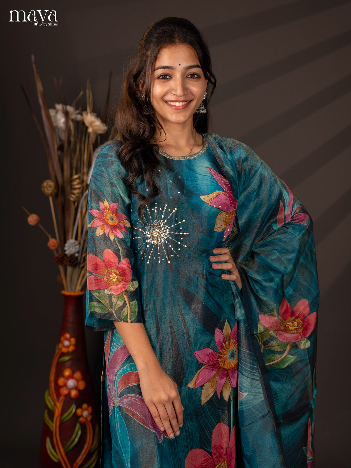 Blue Semi organza 3Pc Salwar Suit with Floral Print - Top, Bottom & Dupatta - Shop on Shrus.com