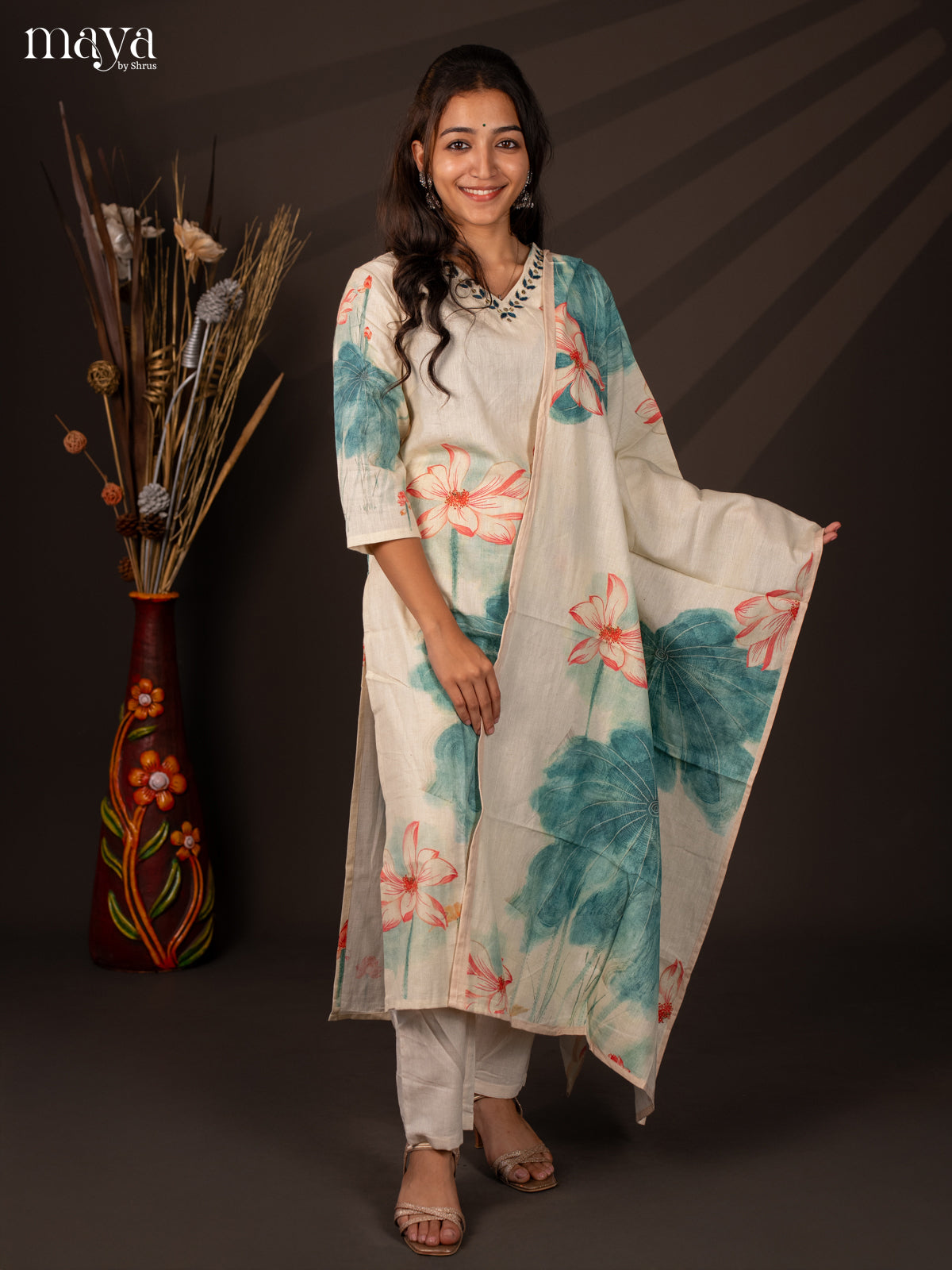 Cream Cotton 3Pc Salwar Suit With Floral Print - Top , Bottom & Dupatta - Shop on Shrus.com