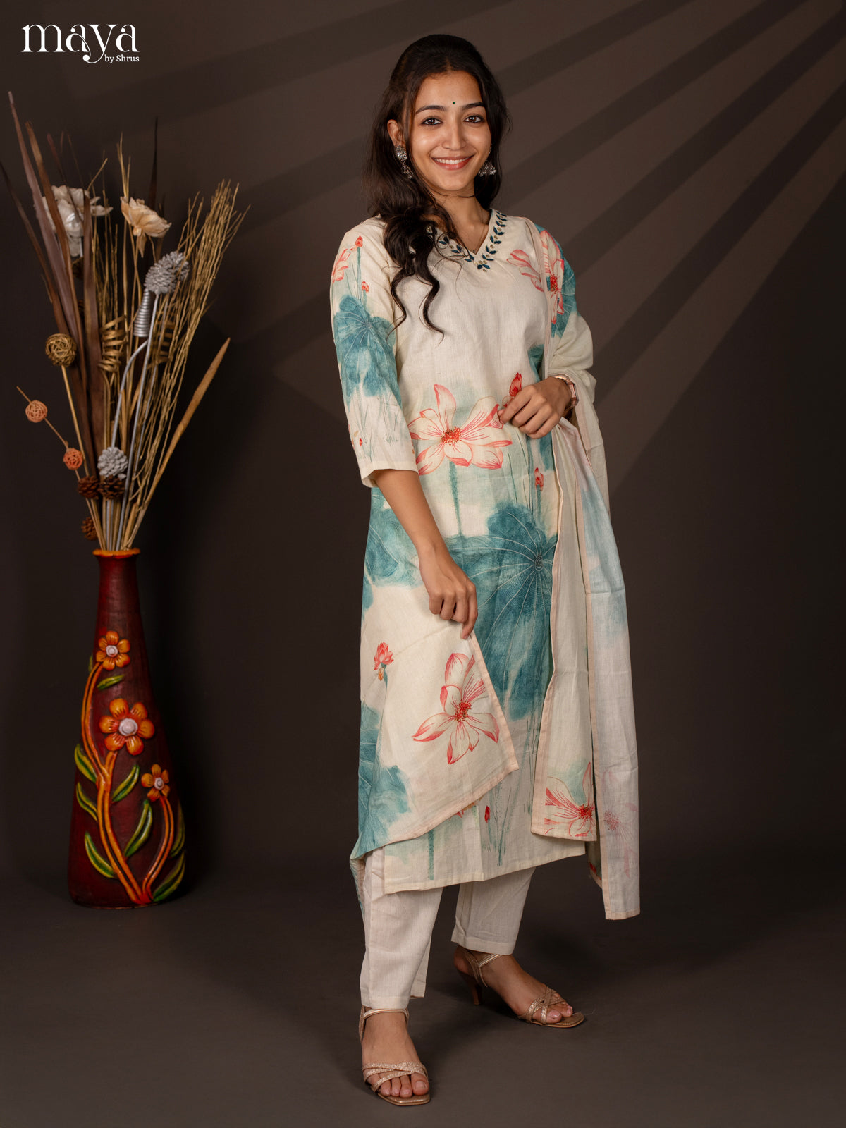 Cream Cotton 3Pc Salwar Suit With Floral Print - Top , Bottom & Dupatta - Shop on Shrus.com