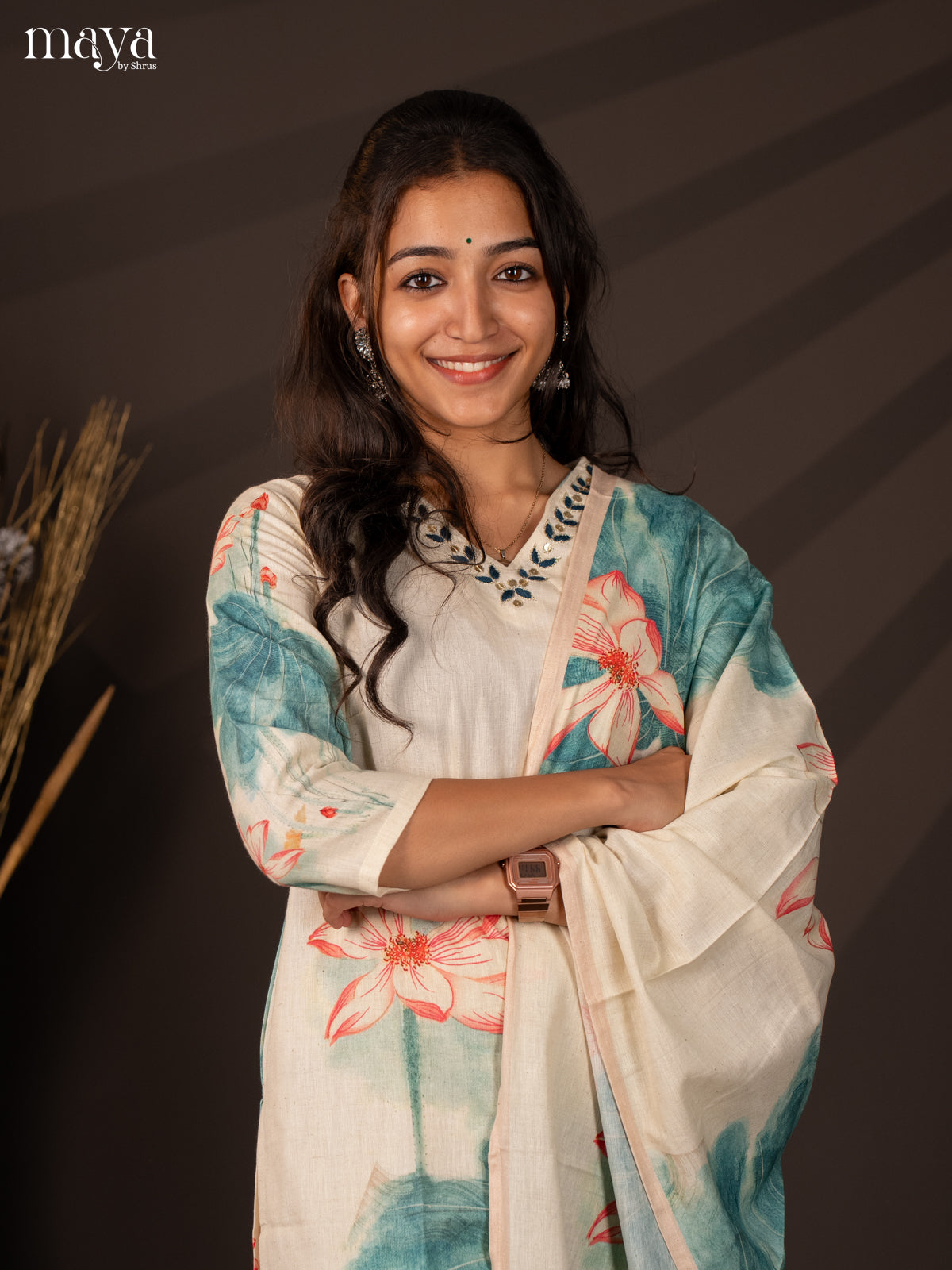 Cream Cotton 3Pc Salwar Suit With Floral Print - Top , Bottom & Dupatta - Shop on Shrus.com