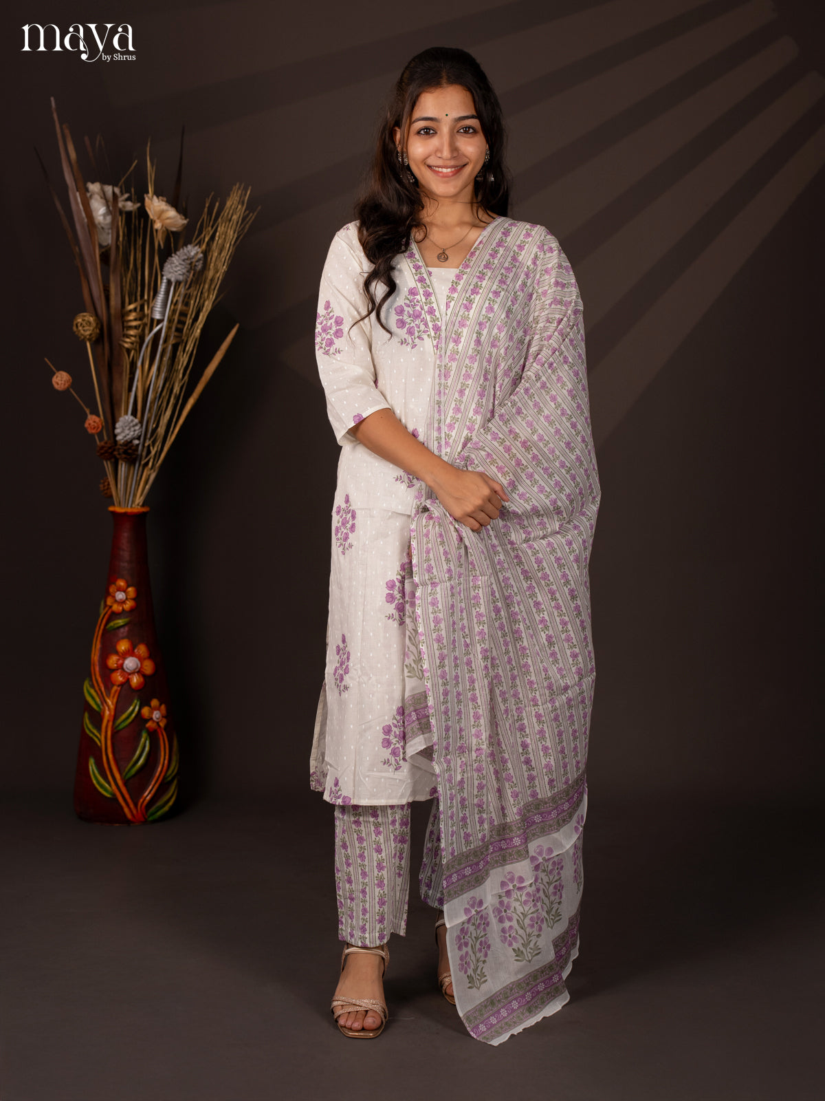 Cream Cotton 3Pc Salwar Suit With Floral Print - Top , Bottom & Dupatta - Shop on Shrus.com
