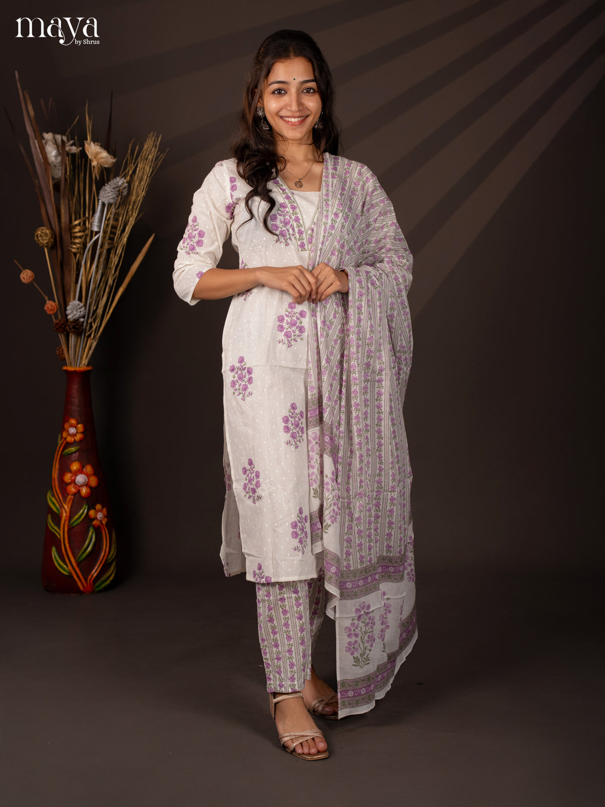 Cream Cotton 3Pc Salwar Suit With Floral Print - Top , Bottom & Dupatta - Shop on Shrus.com