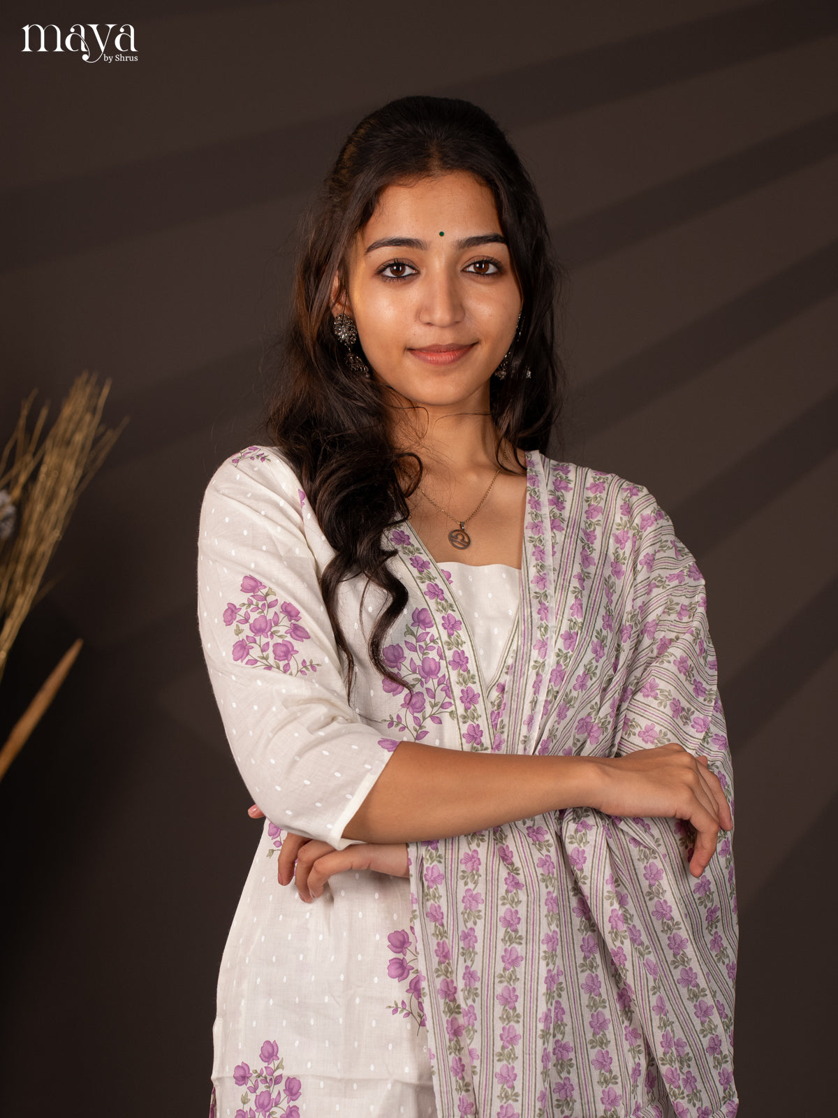 Cream Cotton 3Pc Salwar Suit With Floral Print - Top , Bottom & Dupatta - Shop on Shrus.com