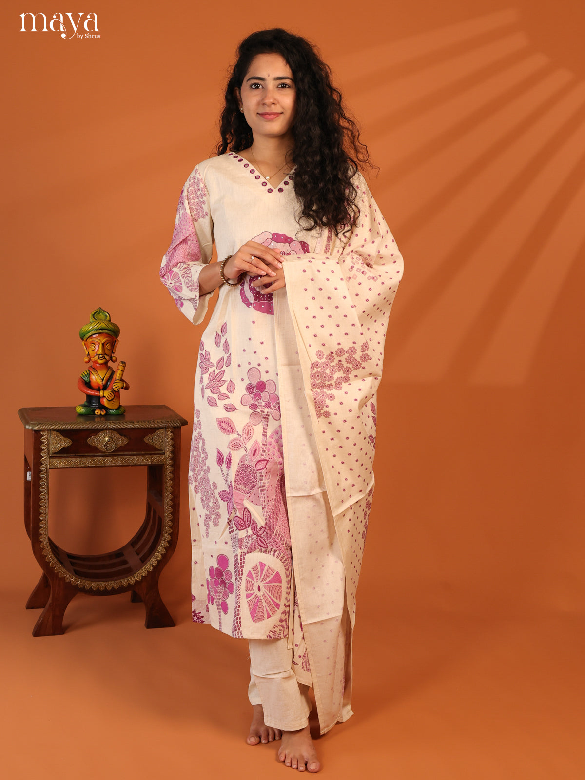 Cream Cotton 3Pc Salwar Suit With Floral Print - Top , Bottom & Dupatta - Shop on Shrus.com
