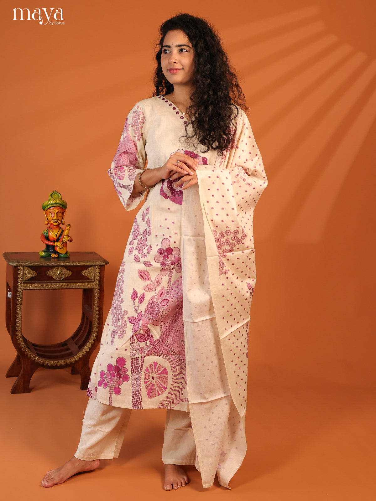 Cream Cotton 3Pc Salwar Suit With Floral Print - Top , Bottom & Dupatta - Shop on Shrus.com