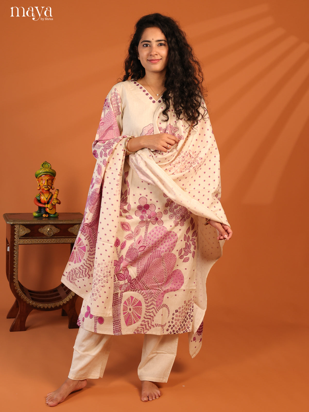 Cream Cotton 3Pc Salwar Suit With Floral Print - Top , Bottom & Dupatta - Shop on Shrus.com