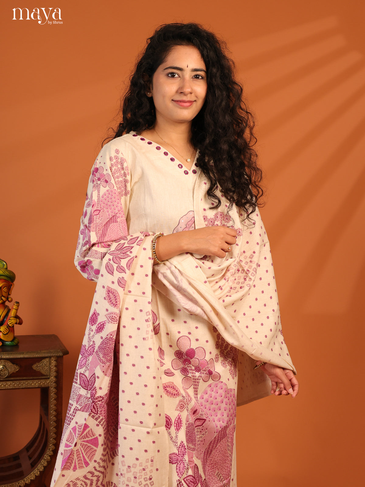 Cream Cotton 3Pc Salwar Suit With Floral Print - Top , Bottom & Dupatta - Shop on Shrus.com