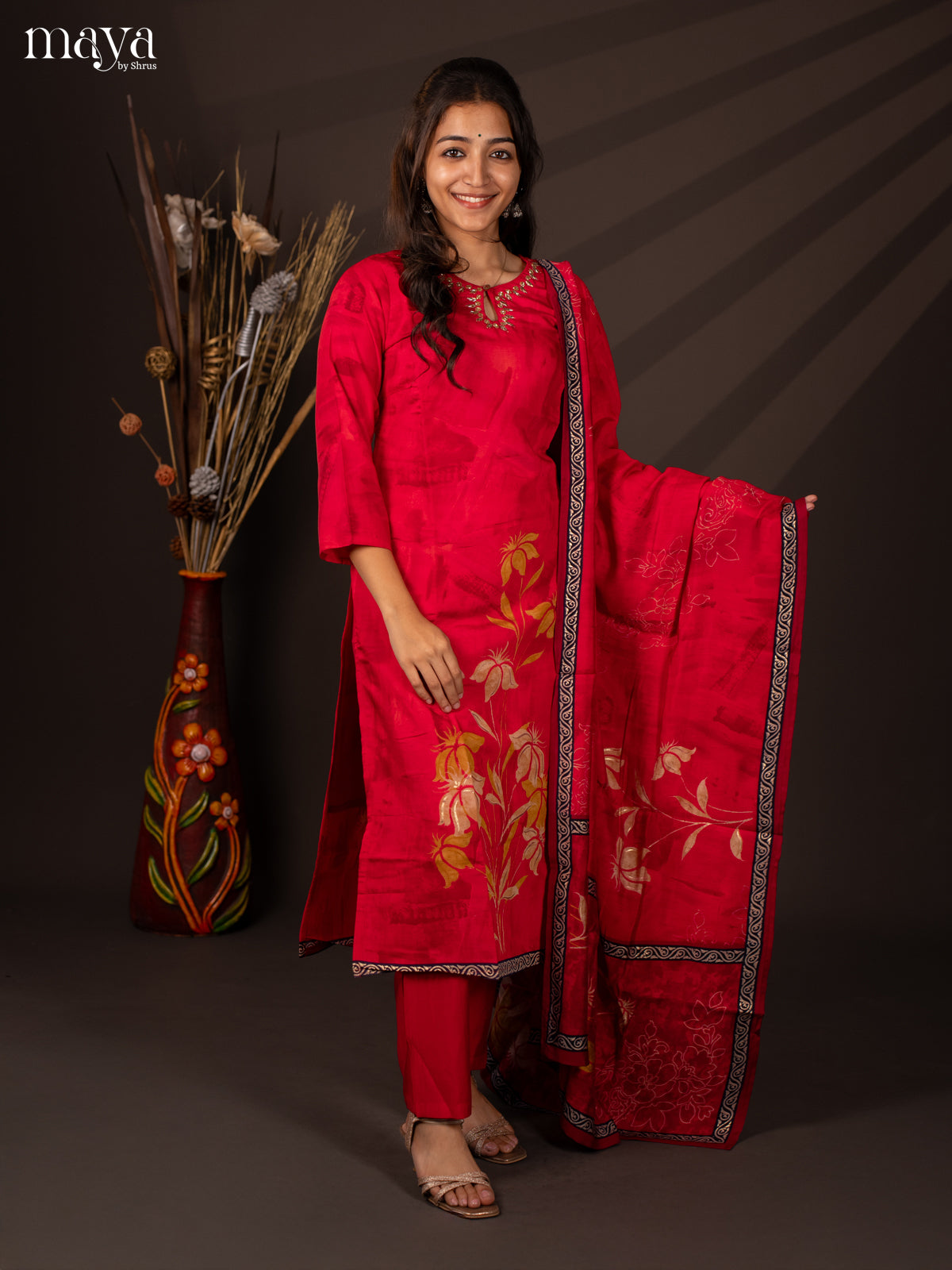 Pink Rayon 3Pc Salwar Suit With Floral Print - Top,Bottom & Dupatta - Shop on Shrus.com