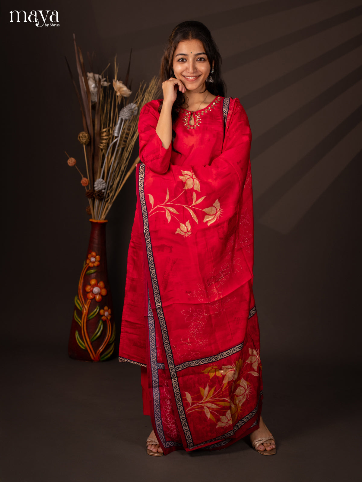 Pink Rayon 3Pc Salwar Suit With Floral Print - Top,Bottom & Dupatta - Shop on Shrus.com