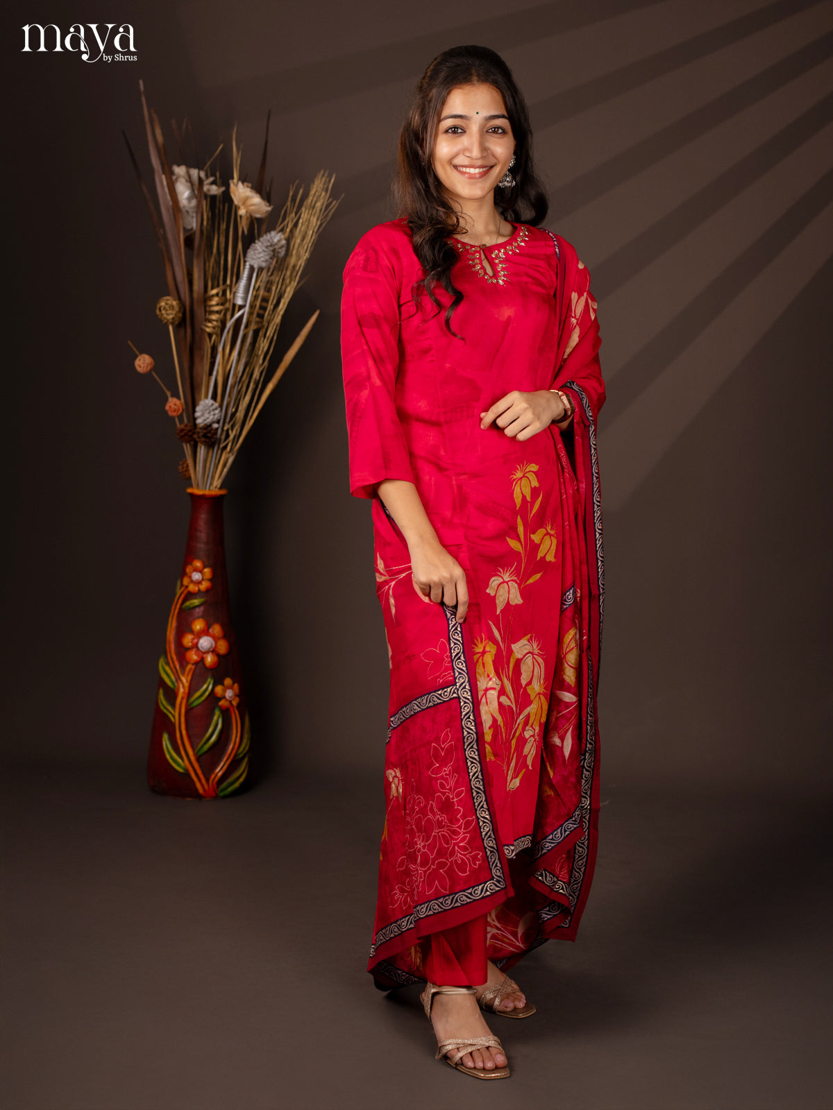 Pink Rayon 3Pc Salwar Suit With Floral Print - Top,Bottom & Dupatta - Shop on Shrus.com