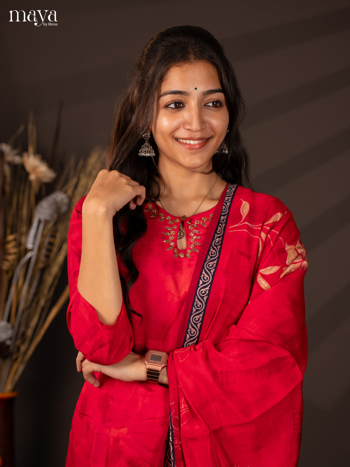 Pink Rayon 3Pc Salwar Suit With Floral Print - Top,Bottom & Dupatta - Shop on Shrus.com