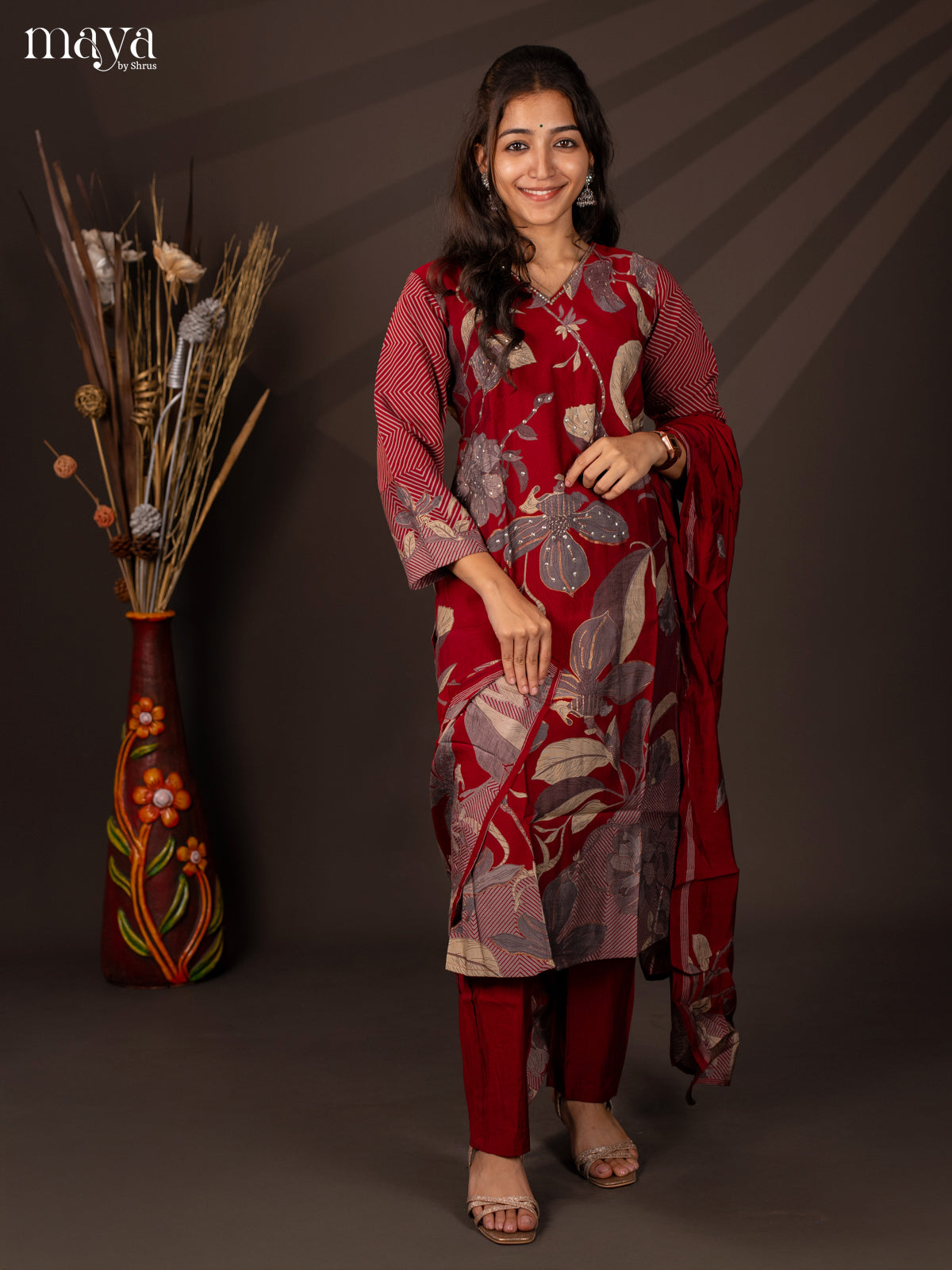 Red Rayon 3Pc Salwar Suit with Floral Print - Top, Bottom & Dupatta - Shop on Shrus.com