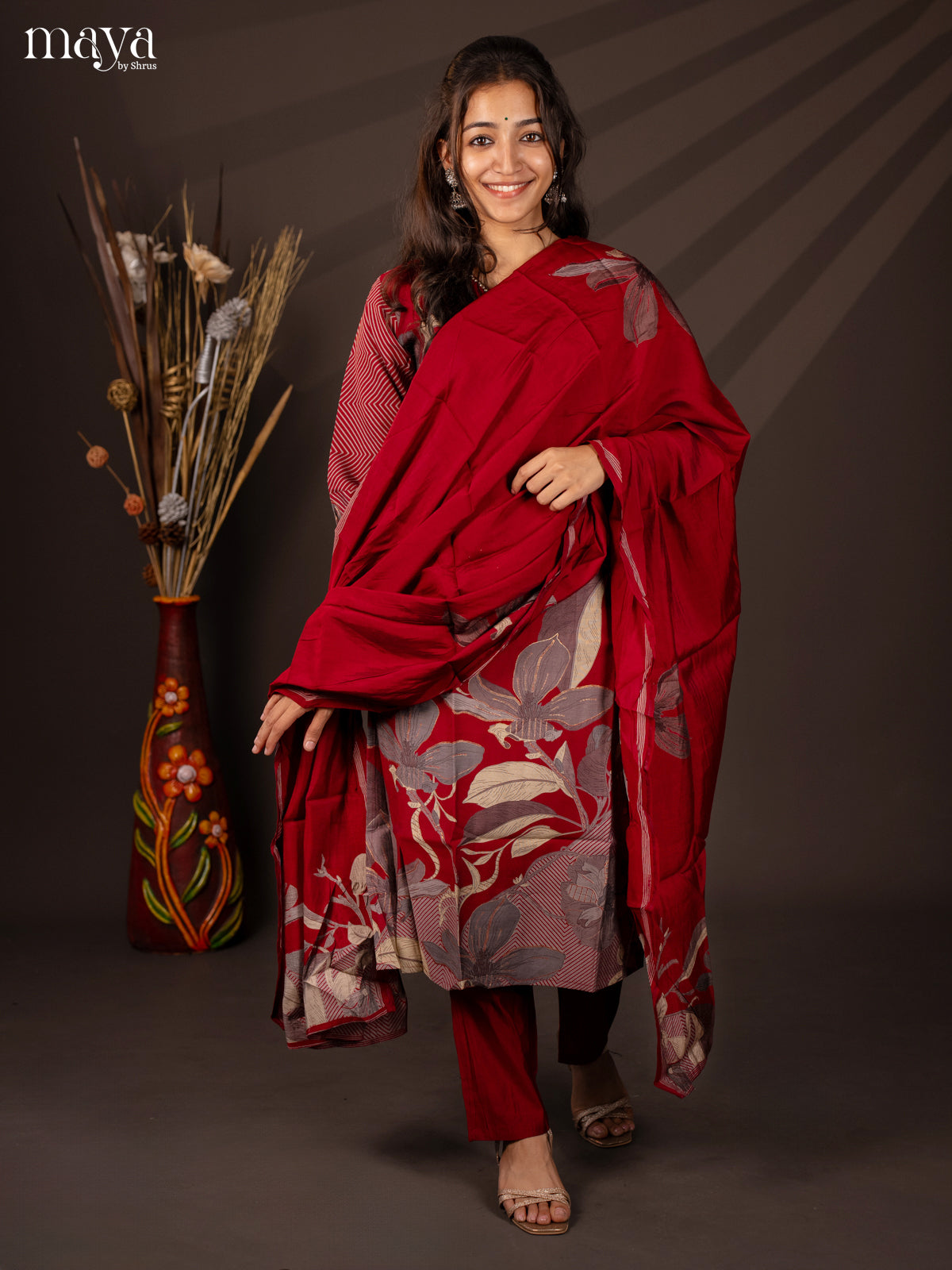 Red Rayon 3Pc Salwar Suit with Floral Print - Top, Bottom & Dupatta - Shop on Shrus.com