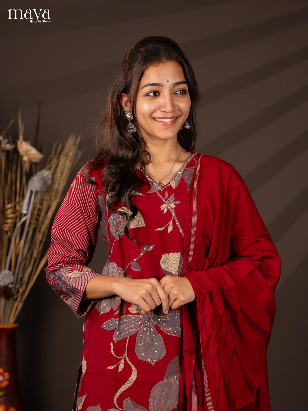 Red Rayon 3Pc Salwar Suit with Floral Print - Top, Bottom & Dupatta - Shop on Shrus.com