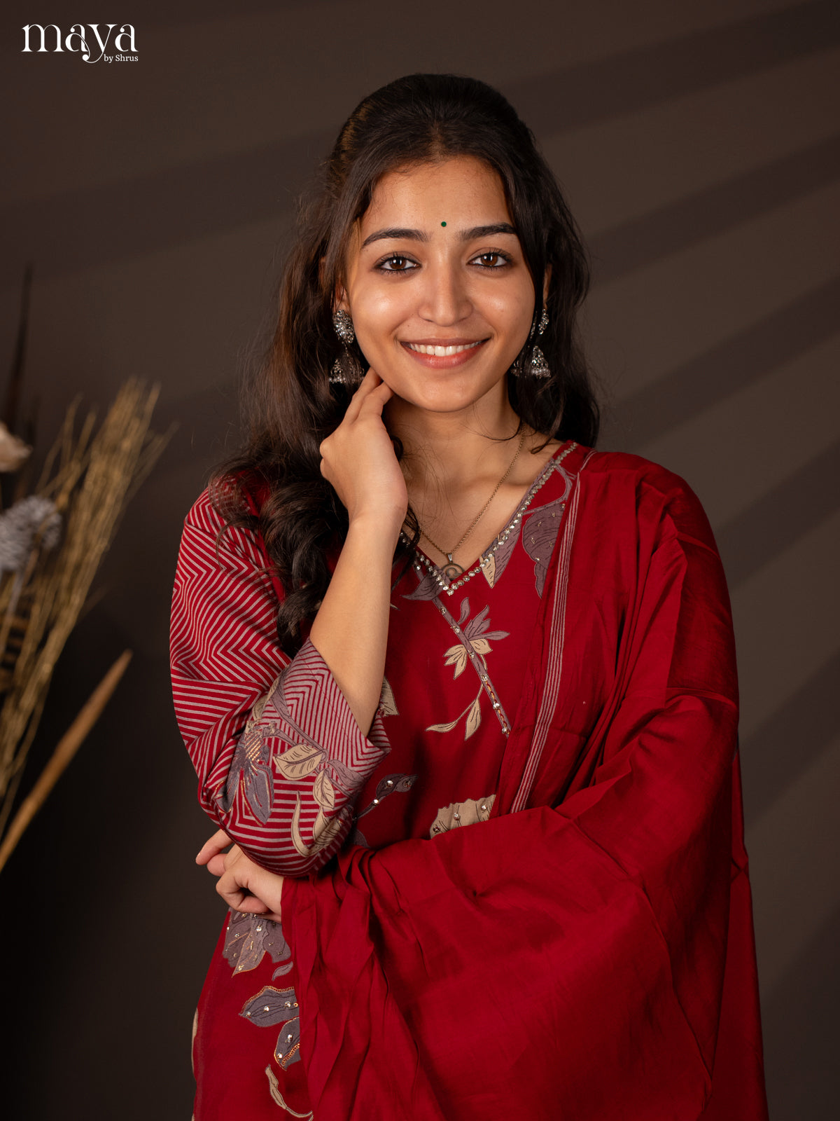 Red Rayon 3Pc Salwar Suit with Floral Print - Top, Bottom & Dupatta - Shop on Shrus.com