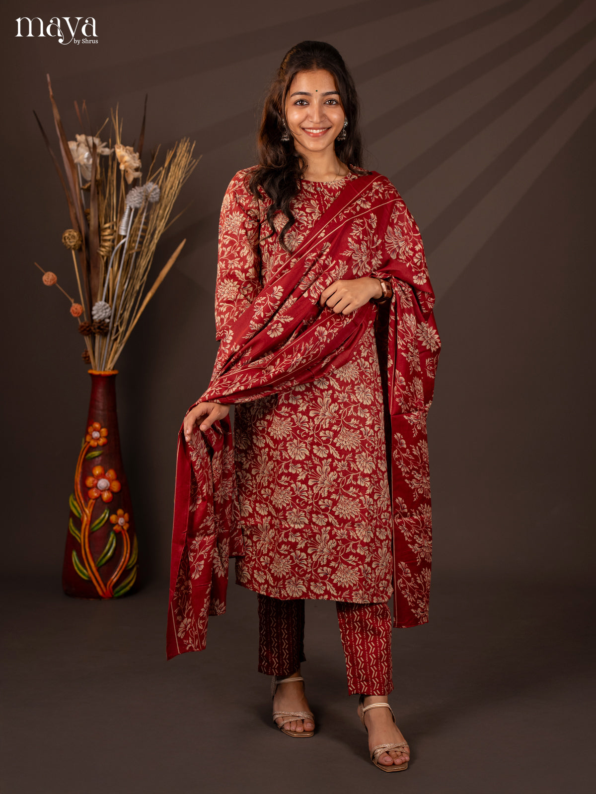 Maroon Cotton Mix 3Pc Salwar Suit With Floral Print - Top, Bottom & Dupatta - Shop on Shrus.com