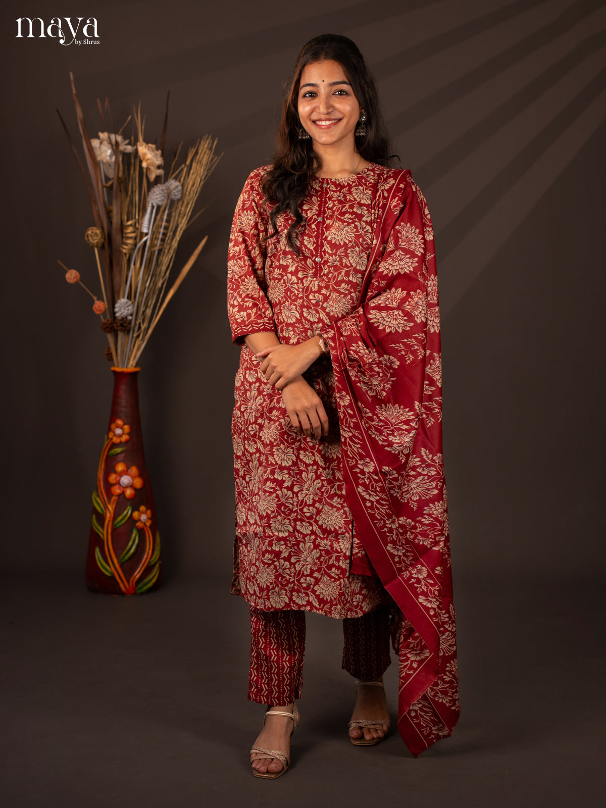 Maroon Cotton Mix 3Pc Salwar Suit With Floral Print - Top, Bottom & Dupatta - Shop on Shrus.com