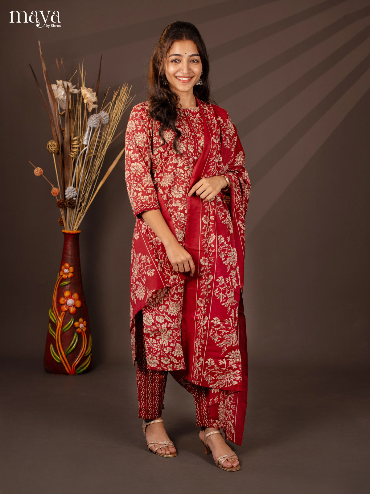 Maroon Cotton Mix 3Pc Salwar Suit With Floral Print - Top, Bottom & Dupatta - Shop on Shrus.com