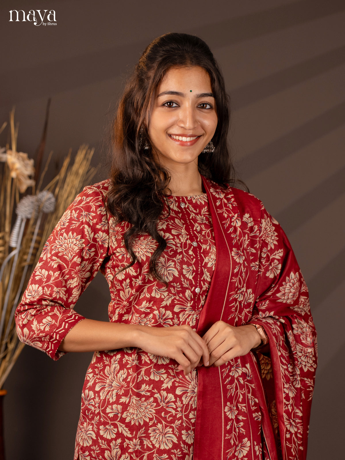 Maroon Cotton Mix 3Pc Salwar Suit With Floral Print - Top, Bottom & Dupatta - Shop on Shrus.com