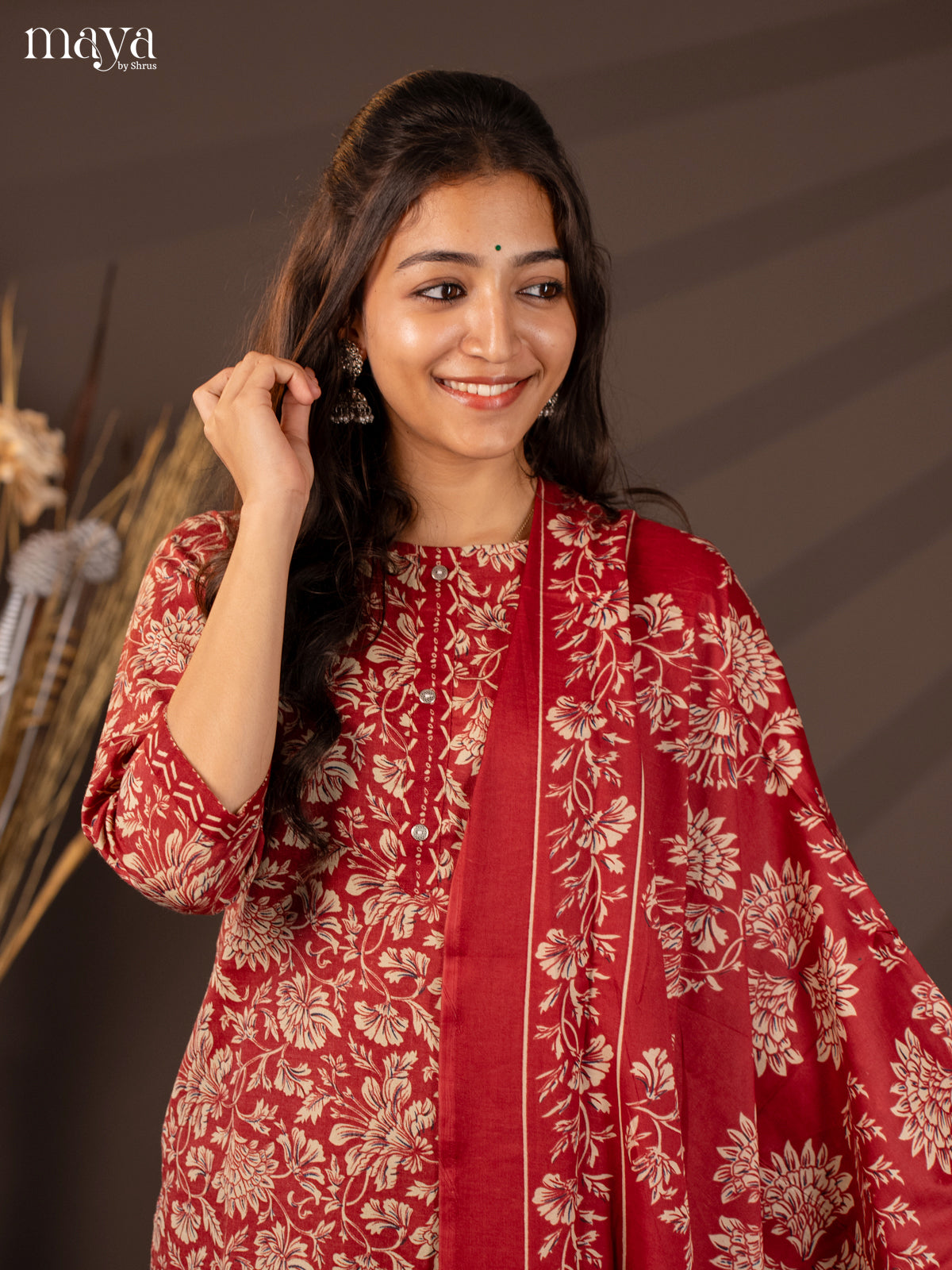 Maroon Cotton Mix 3Pc Salwar Suit With Floral Print - Top, Bottom & Dupatta - Shop on Shrus.com