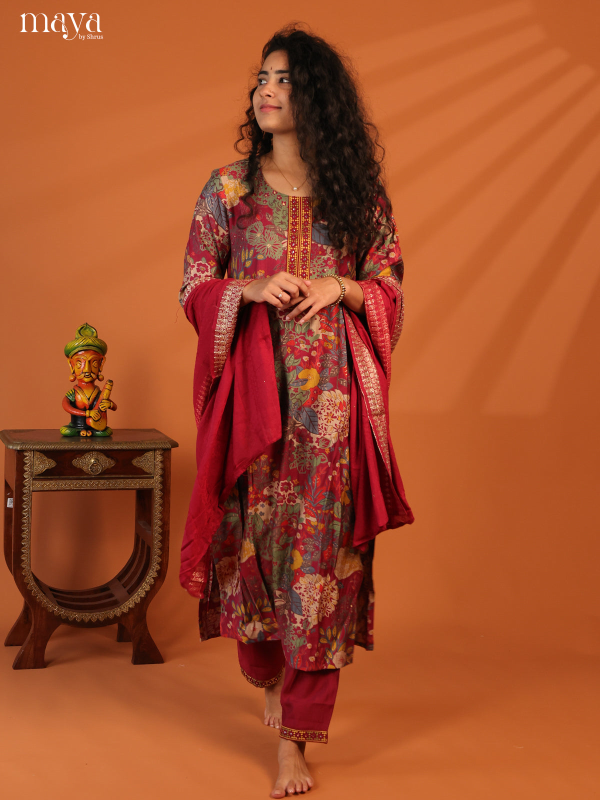 Maroon Linen Cotton 3Pc Salwar Suit With Floral Print - Top, Bottom & Dupatta - Shop on Shrus.com